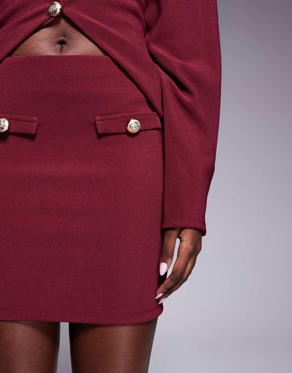 ASOS DESIGN ribbed mini skirt with pocket detail in burgundy - part of a set Product Image