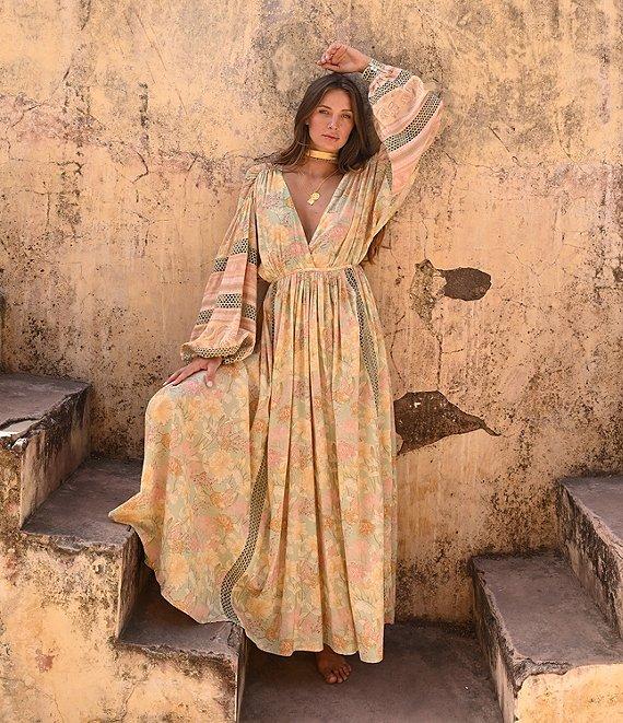 Talisman Pharoah Woven V-Neck Long Sleeve Floral Lace Insert Maxi Dress Product Image