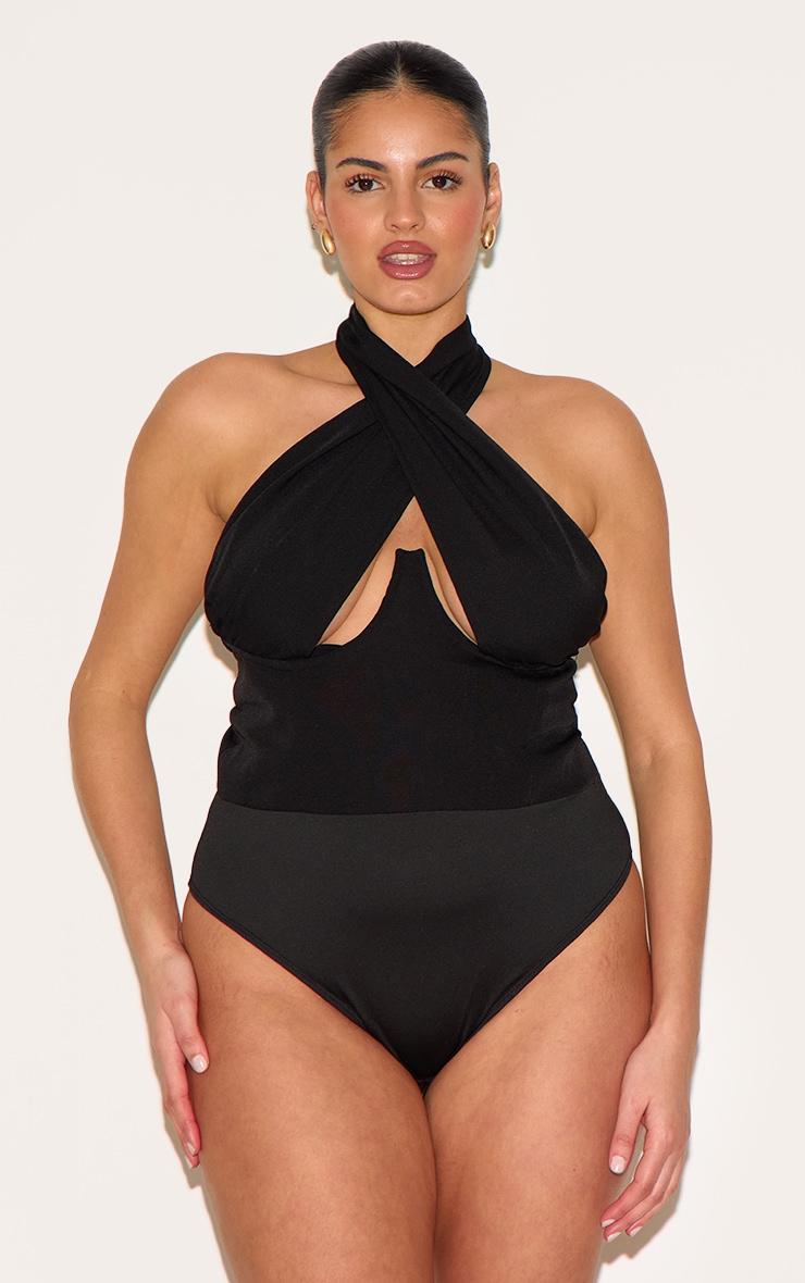 Plus Black Woven Cross Front Underwired Bodysuit Product Image