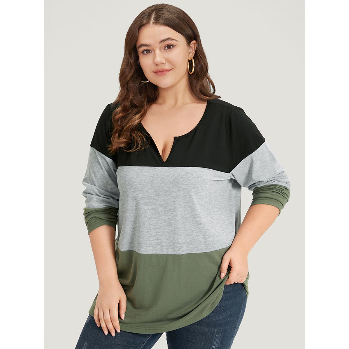 Plus Size Colorblock Contrast Notched Long Sleeve T-shirt Multicolor Women Casual Contrast Plain Notched collar Dailywear T-shirts BloomChic 10/M Product Image