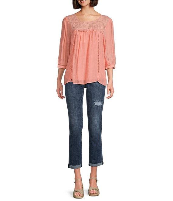 Figueroa & Flower Scoop Neck 3/4 Sleeve Lace Yoke Blouse Product Image