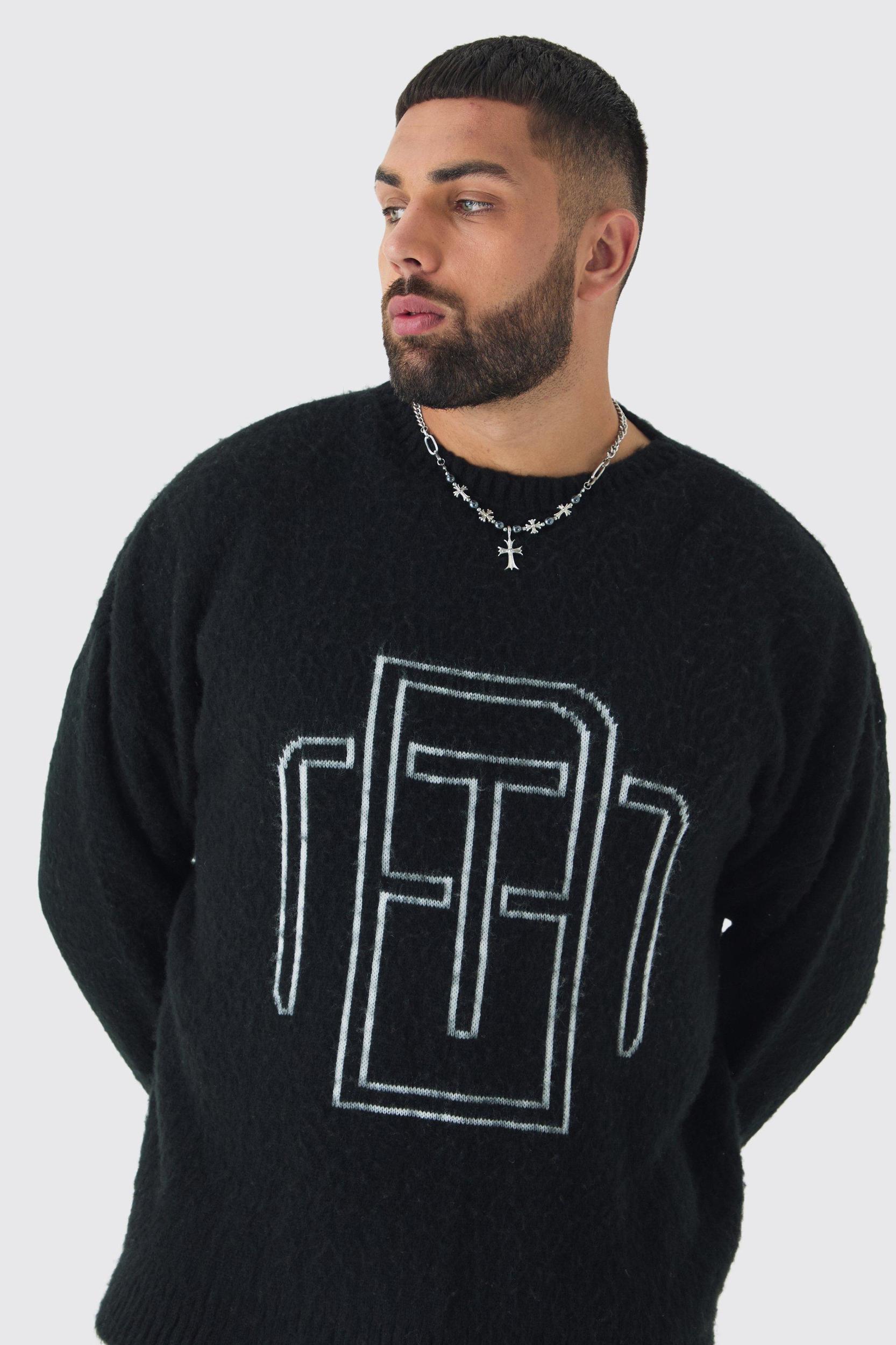 Plus Fluffy Knit BM Sweater | boohooMAN USA Product Image