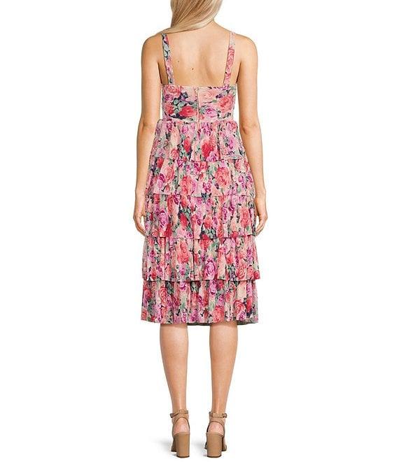 Honey and Rosie Pleated Floral Print Sleeveless Sweetheart Neck Keyhole Tiered Dress Product Image