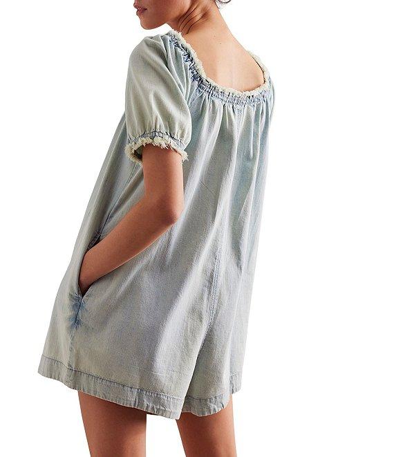 Free People Daisy Denim Square Neck Short Puff Sleeve Babydoll Romper Product Image