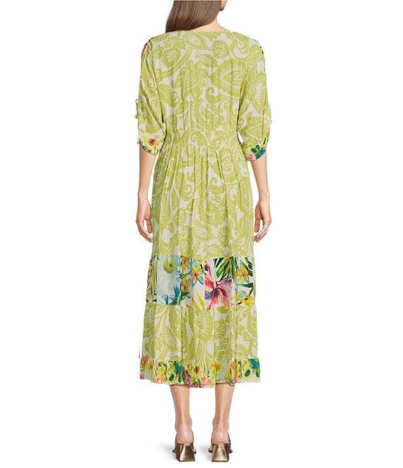 John Mark Tropical Printed Y-Neck Short Dolman Sleeve Embroidered Midi Dress Product Image