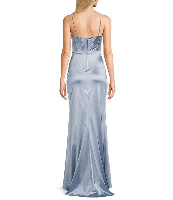 B. Darlin Cowl Neck Spaghetti Strap Corset Side Ruched Lace Up Back Front Slit Dress Product Image