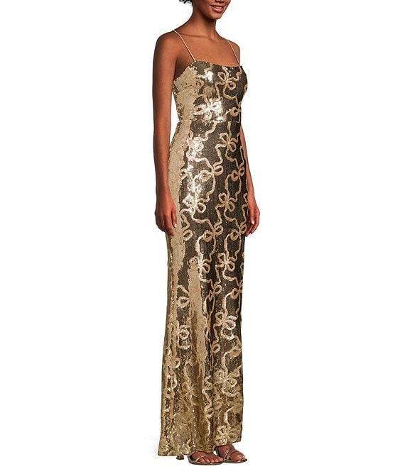 City Vibe Bow Sequin Pattern Lace Up Back Side Slit Dress Product Image