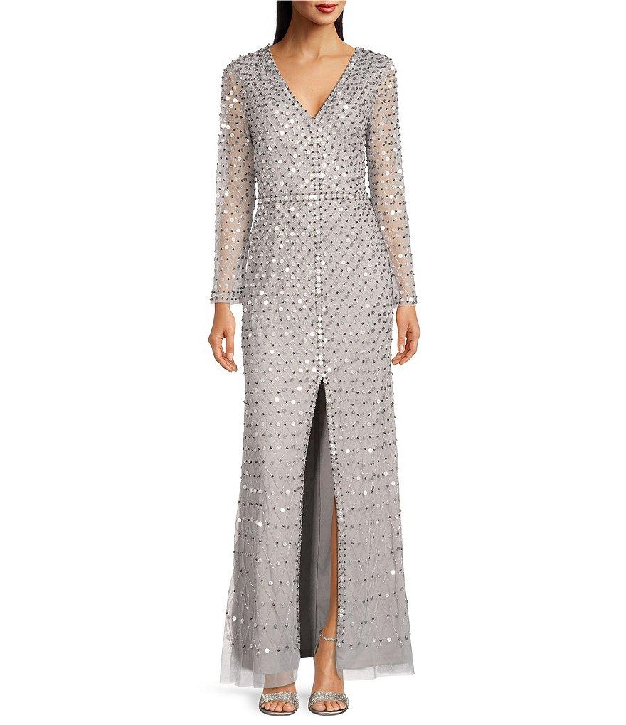 Aidan Mattox Sequined V-Neck Long Illusion Sleeve Front Slit Gown Product Image