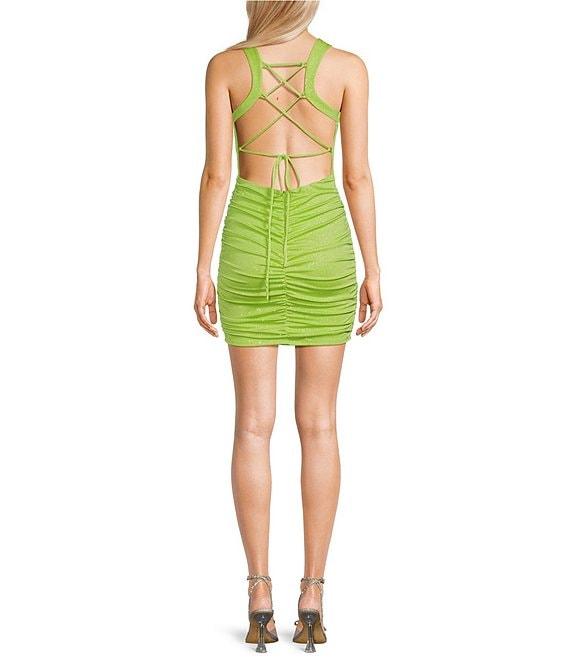 B. Darlin Wide Tank Strap Scoop Neck Shirred Bodycon Lace Up Dress Product Image