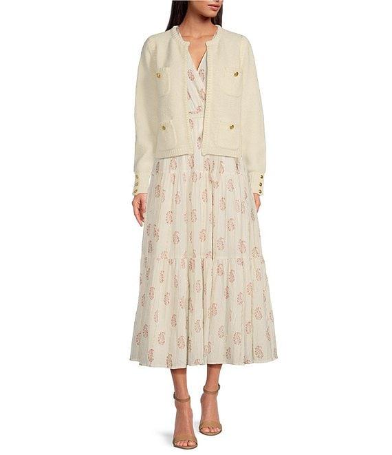 A Loves A Floral Metallic Striped Print Surplice V-Neck Short Ruffled Sleeve Tiered Maxi Dress Product Image