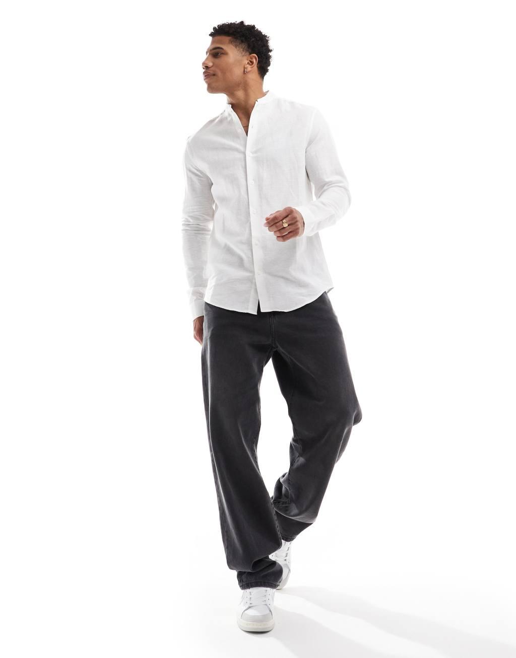 ASOS DESIGN regular smart linen shirt with mandarin collar Product Image