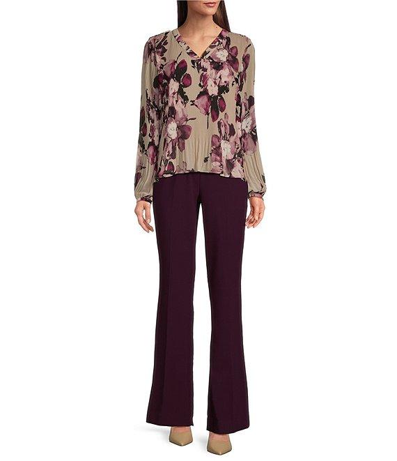 Calvin Klein Floral-Printed Chiffon Pleated V-Neck Long Sleeve Blouse Product Image