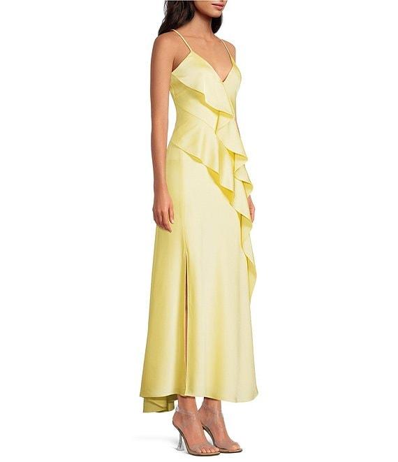 Gianni Bini Quinn Ruffle Draped V-Neck Sleeveless Satin Dress Product Image