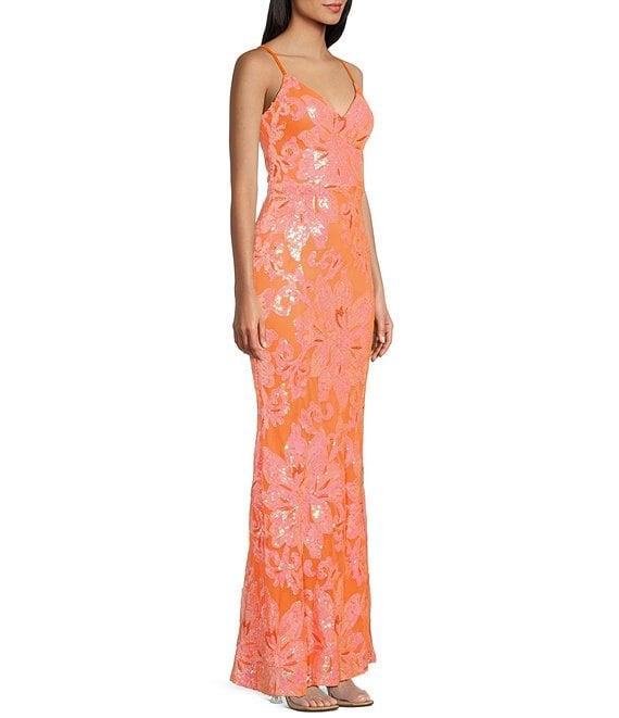 Midnight Doll Floral Sequin Pattern V-Neck Spaghetti Strap Lace Up Back Dress Product Image