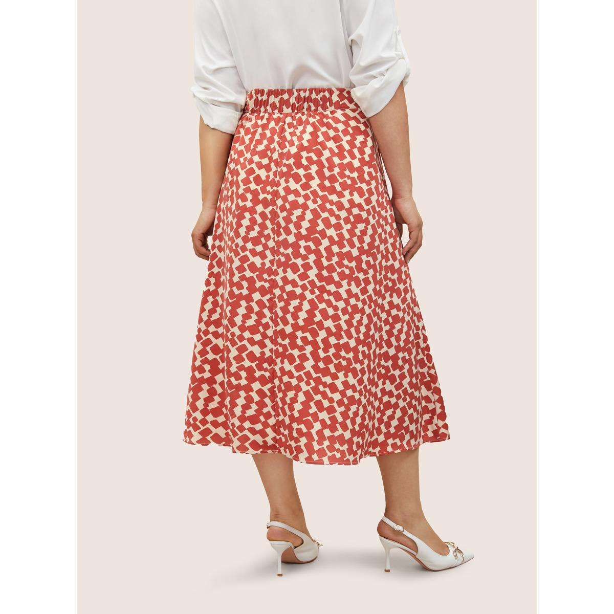 Plus Size Geometric Print Elastic Waist Pocket Midi Skirt Women Raspberry At the Office Non No stretch Slanted pocket Work Skirts BloomChic 12/L Product Image