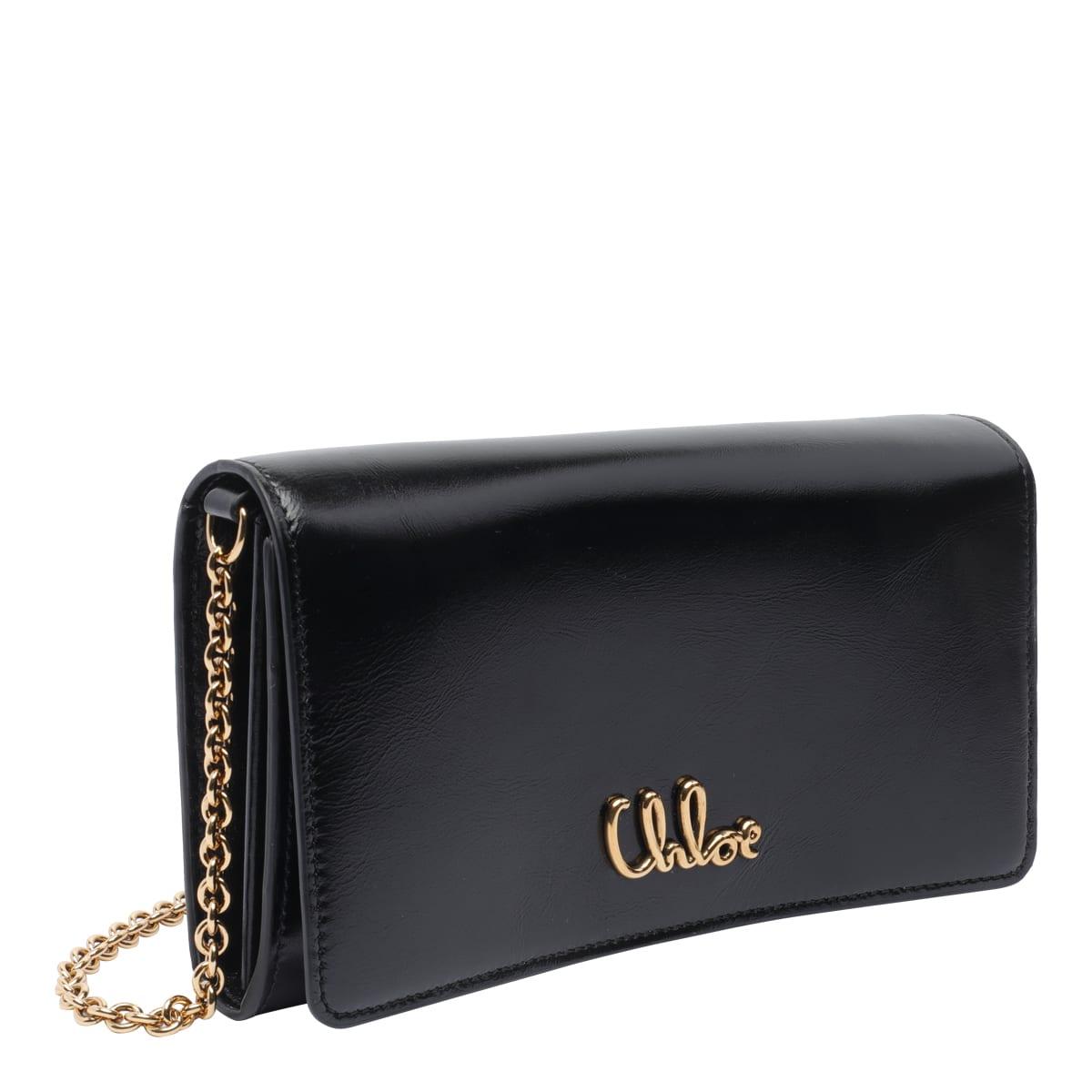 CHLOÉ Iconic Flap Wallet On Chain In Shiny Calfskin In Black Product Image