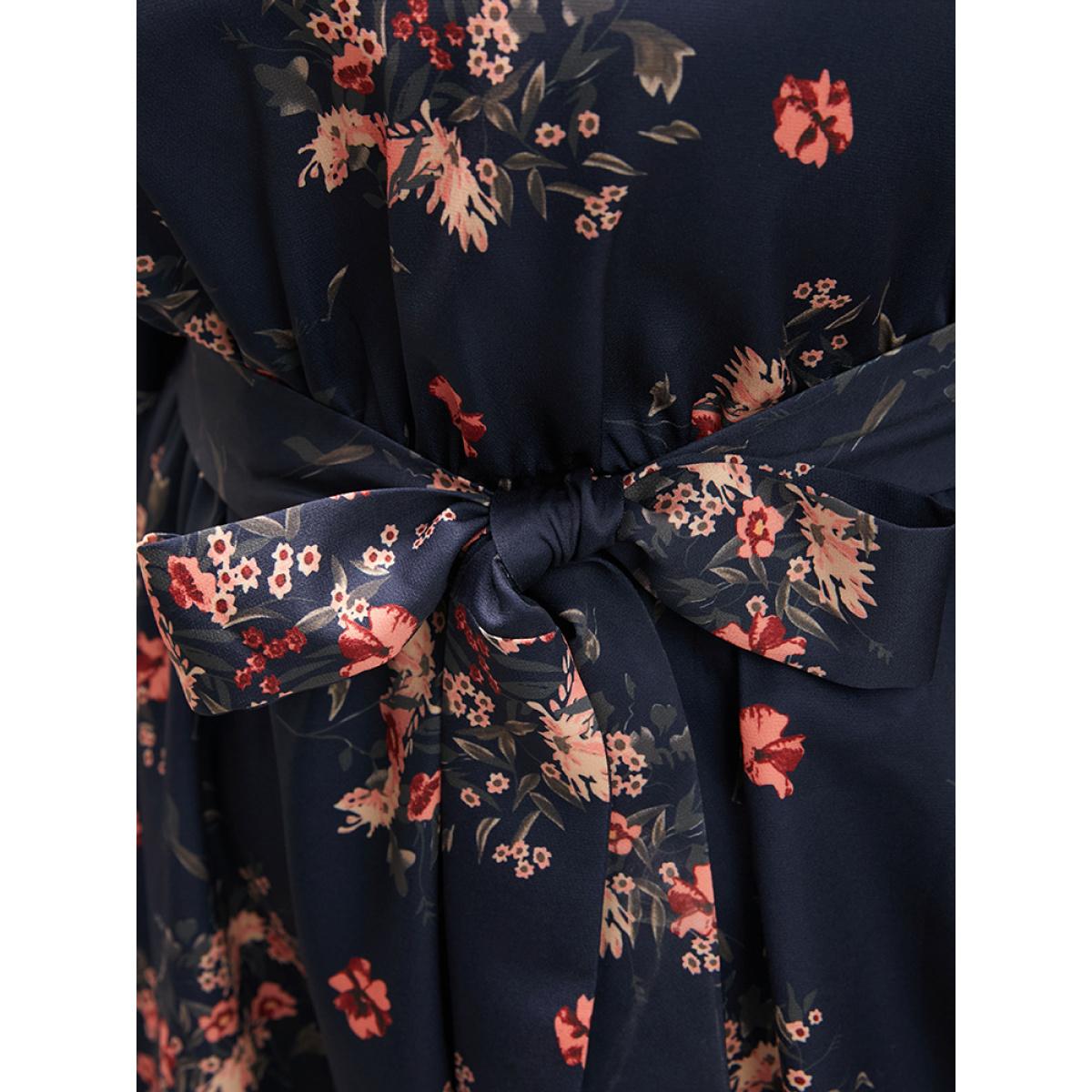Plus Size Floral Print V Neck Lantern Sleeve Pocket Belted Dress Navy Women Elegant Elastic Waist V-neck Long Sleeve Curvy Midi Dress BloomChic 26/4X Product Image