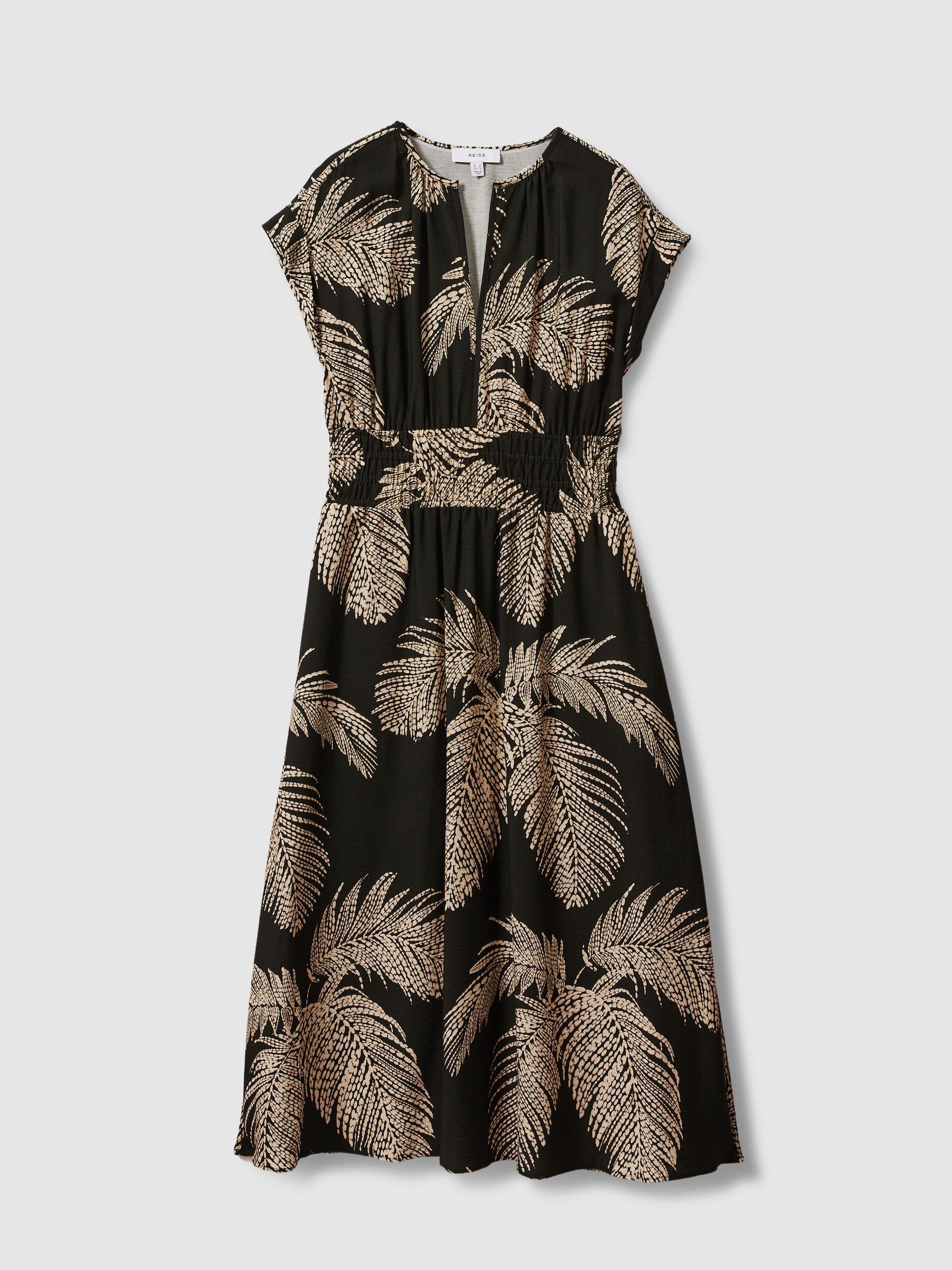 Tropical Print Elasticated Waist Midi Dress in Khaki Product Image