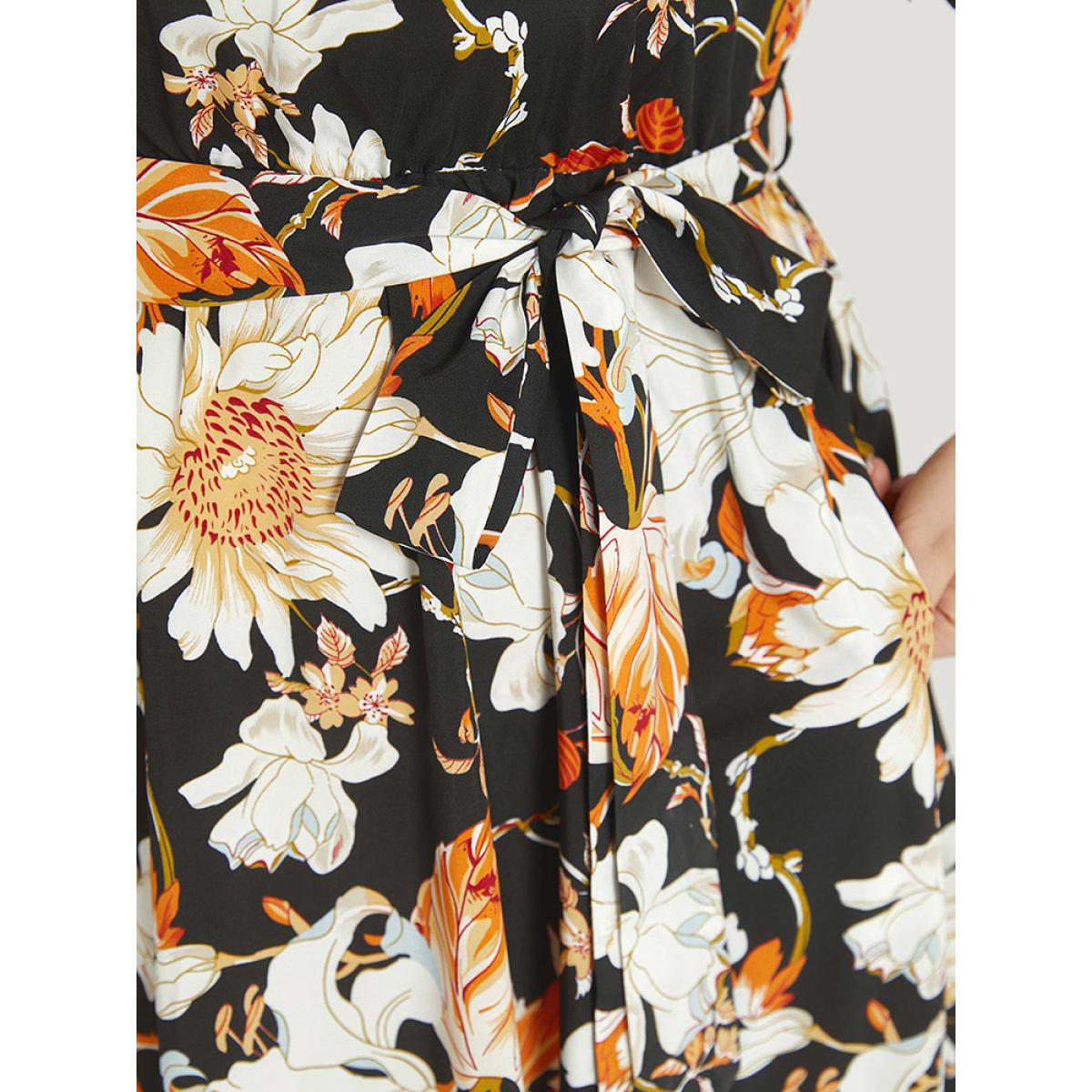 Plus Size Floral Print Mesh Pocket Belted Patchwork Dress Black Women Glamour Belted V-neck Short sleeve Curvy Knee Dress BloomChic 28/5X Product Image
