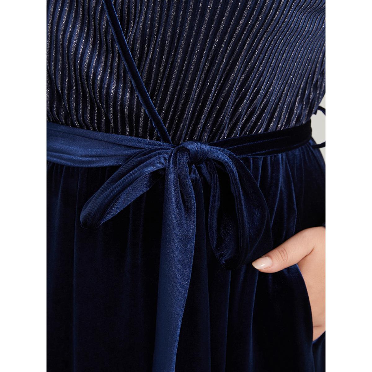 Plus Size Glitter Striped Patchwork Surplice Neck Pocket Belted Velvet Dress Indigo Women Party Belted V-neck Long Sleeve Curvy Midi Dress BloomChic 10/M Product Image