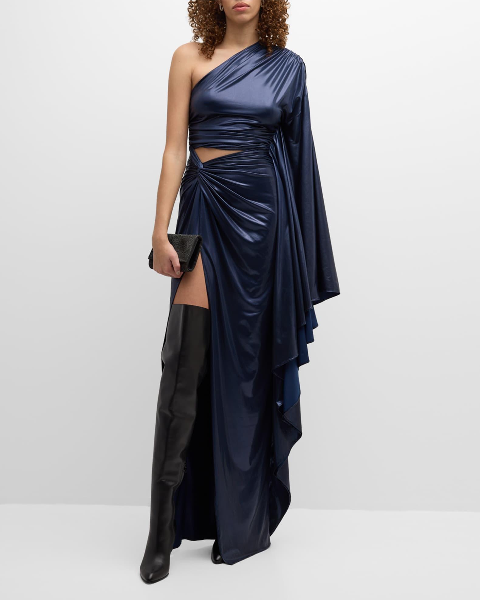Coated Jersey One-Shoulder Ruched Slit Gown Product Image