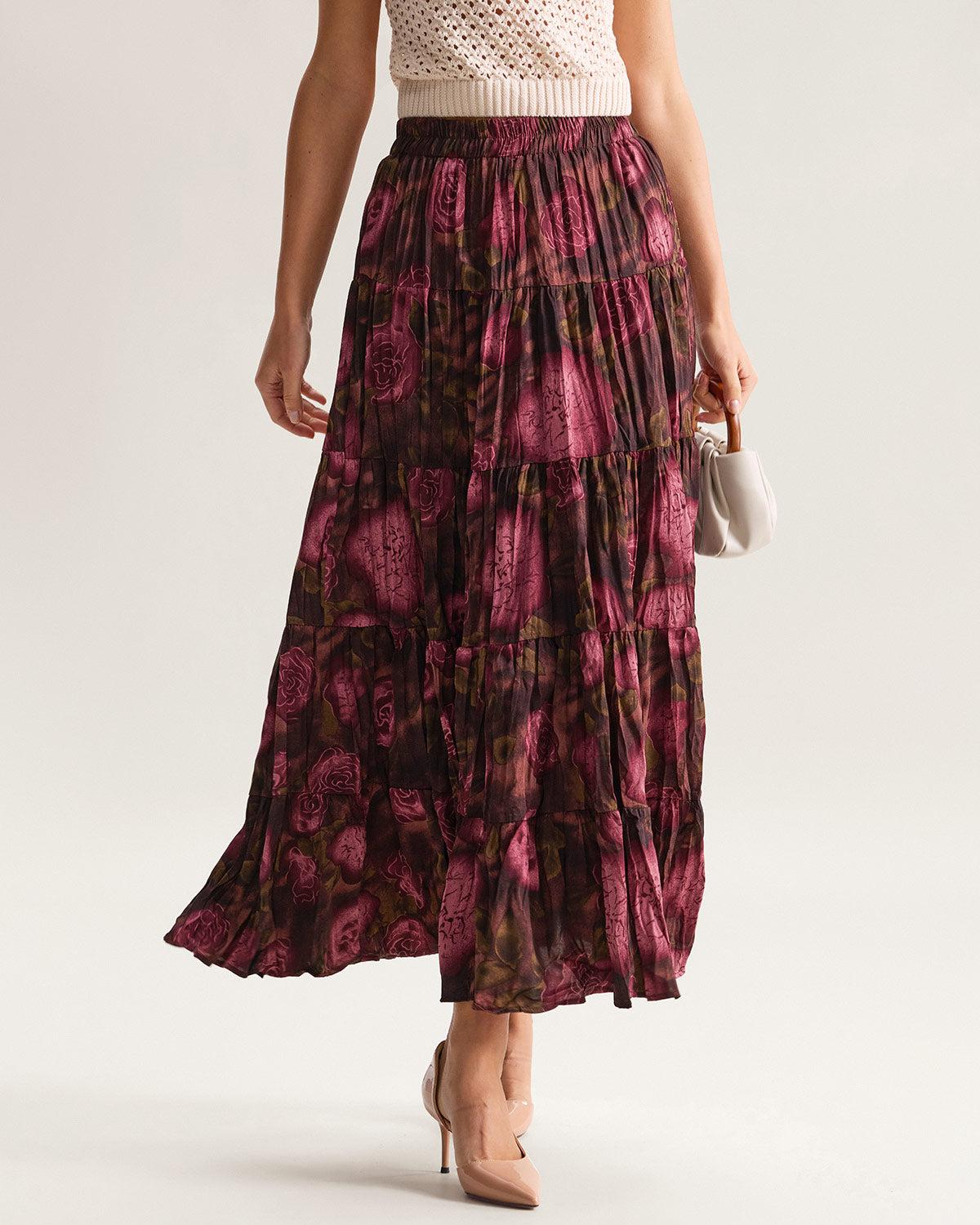 Floral Elastic Waist Pleated Midi Skirt Product Image
