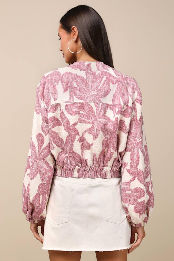 Signey Light Beige and Mauve Pink Floral Bomber Jacket Product Image