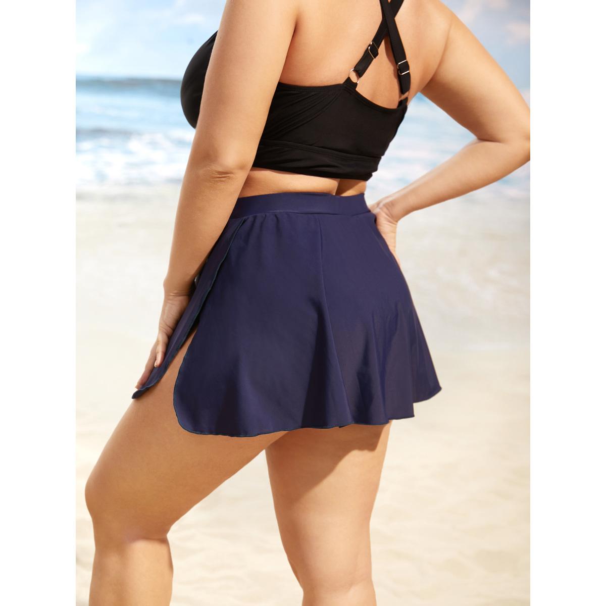 Plus Size Plain High Waist Split Hem Swim Skirt Women's Swimwear Indigo Beach Non High stretch Bodycon High Rise Curve Swim Bottoms BloomChic 18-20/2X Product Image
