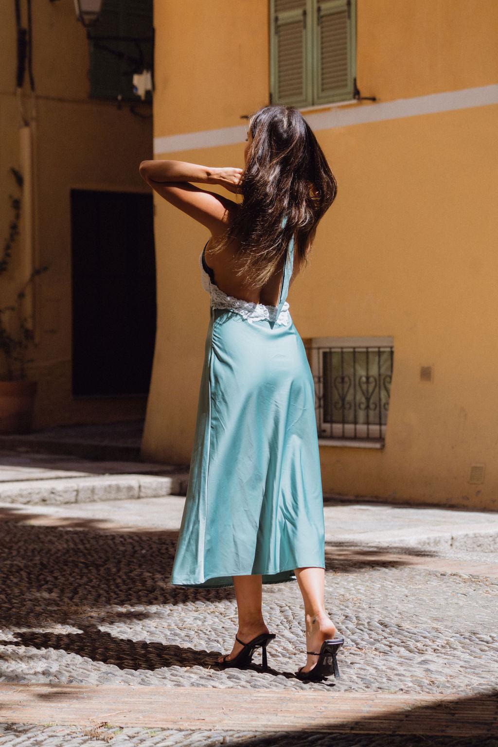 Fiorella Lace Satin Midi Dress Product Image