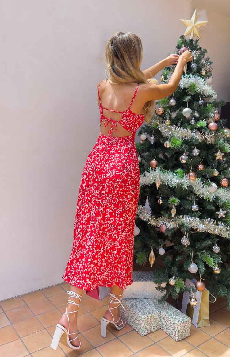 Delphine Red Floral Midi Dress Product Image
