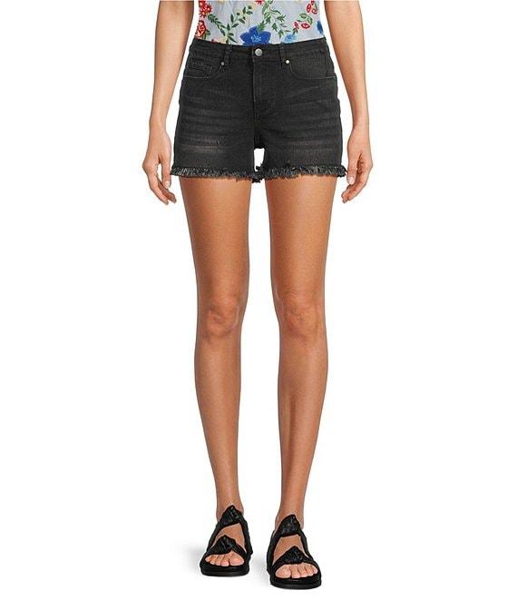 Reba Mid Rise 5 Pocket Frayed Hem Stretch Denim Cut Off Shorts Product Image