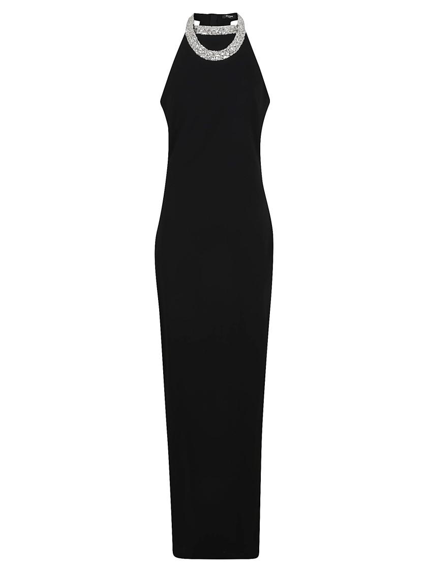 BALMAIN Faux Pearl-embellished Halterneck Velvet Gown In Black Product Image