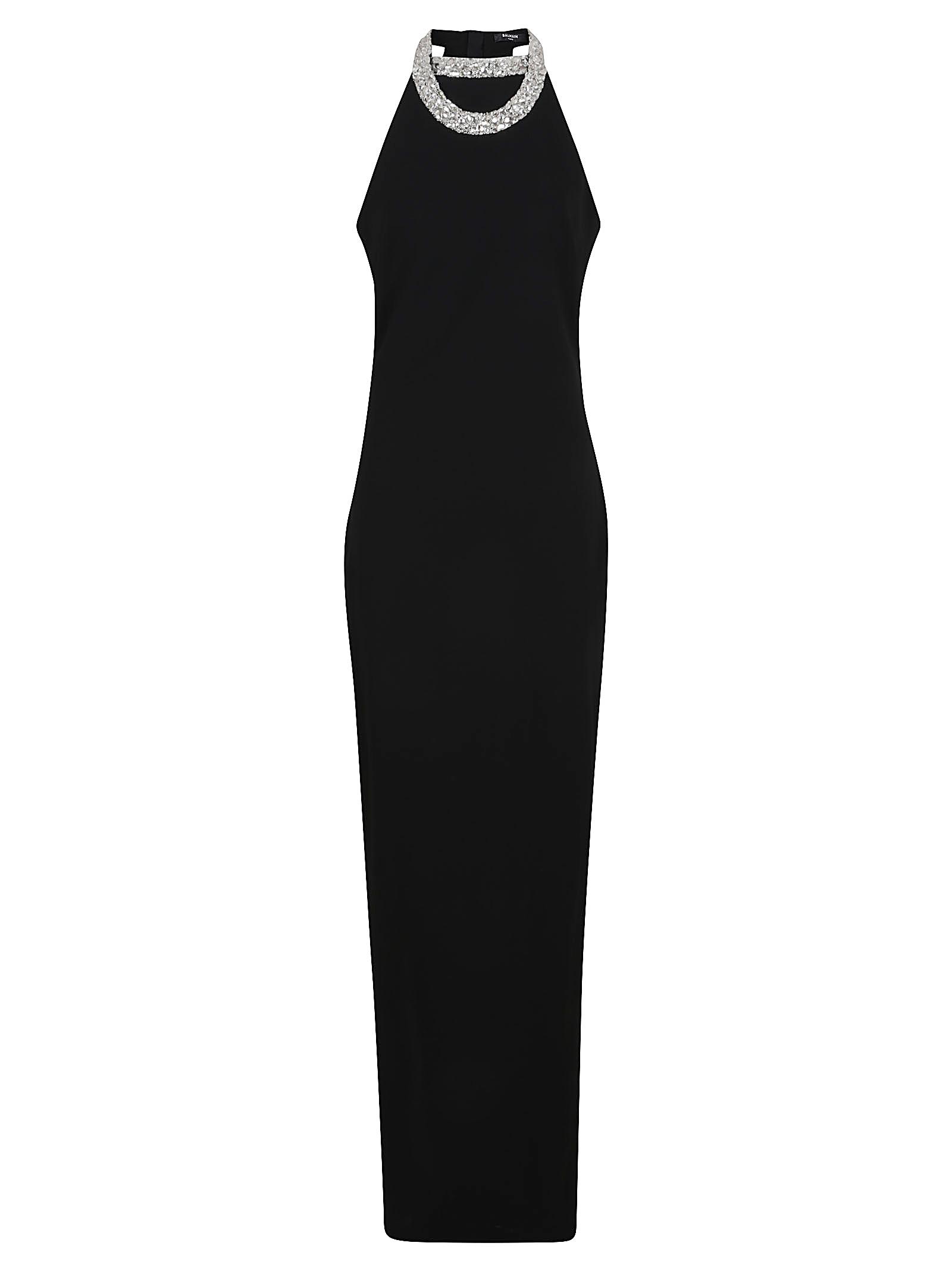 BALMAIN Faux Pearl-embellished Halterneck Velvet Gown In Black Product Image