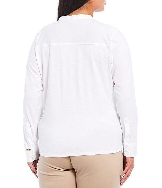 Calvin Klein Plus Size Mixed Media Long Sleeve Split Round Neck Button Front Top Product Image