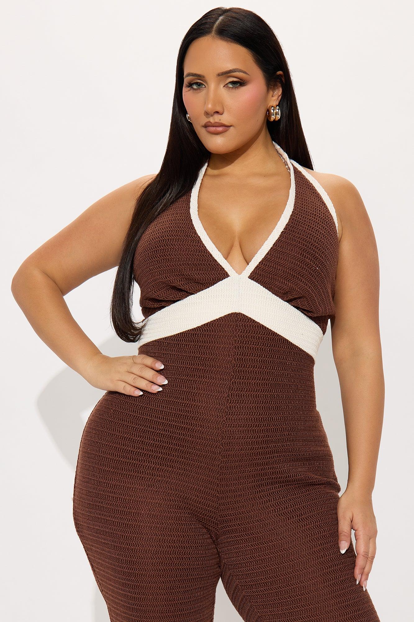 Extended Stay Crochet Jumpsuit - Chocolate/Combo Female Product Image