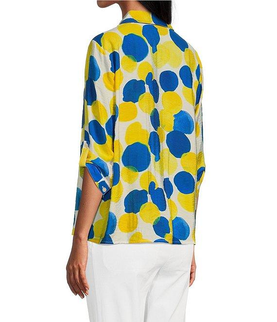Multiples Petite Size Crinkle Woven Printed Point Collar 3/4 Cinched Tab Cuff Button Front Shirt Product Image
