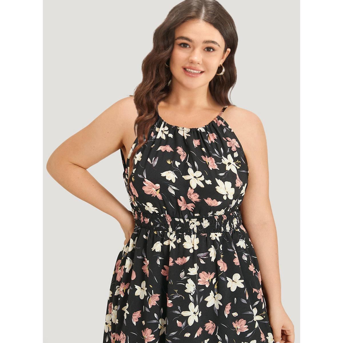 Plus Size Floral Print Halter Shirred Pocket Ruffle Hem Dress BlackFlower Women Elegant Knotted Cold Shoulder Sleeveless Curvy Knee Dress BloomChic 10/M Product Image