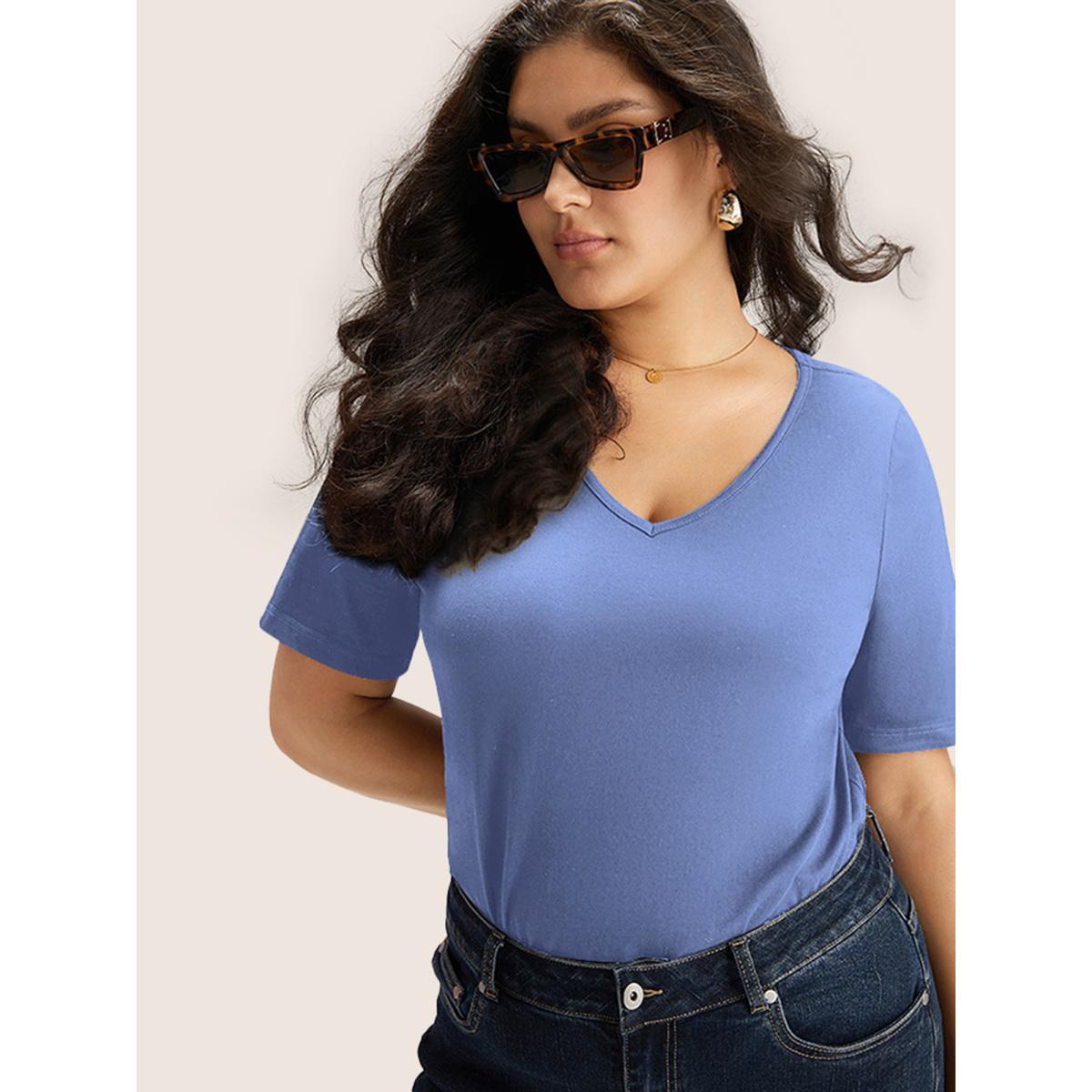 Plus Size Cotton V Neck Plain Basic T-shirt Stone Women Leisure Non Plain V-neck Casual T-shirts BloomChic 22-24/3X Product Image