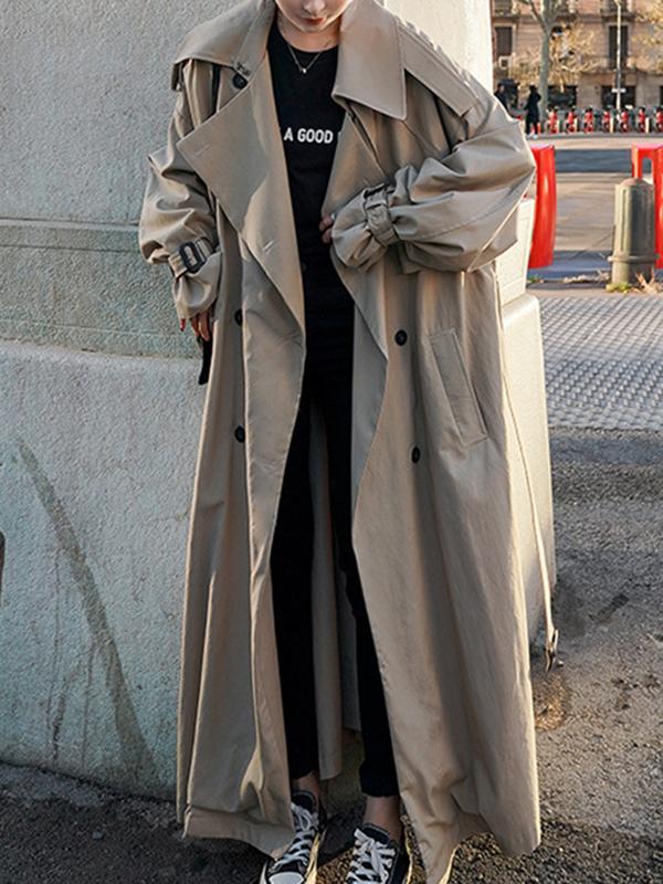 Long Sleeves Loose Buckle Buttoned Split-Back Tied Waist Lapel Outerwear Trench Coats Product Image