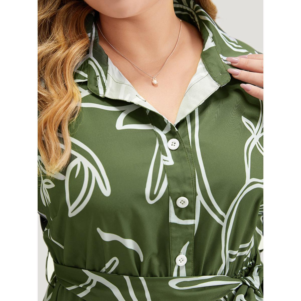 Plus Size Graphic Print Belted Shirt Collar Button Up Dress Sage Women Office Belted Shirt collar Short sleeve Curvy Midi Dress BloomChic 30/6X Product Image