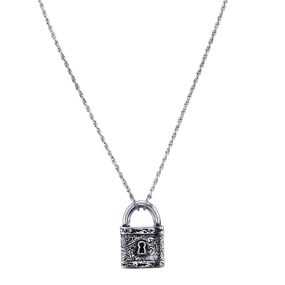 1928 Silver Tone Filigree Padlock Necklace, Womens Product Image