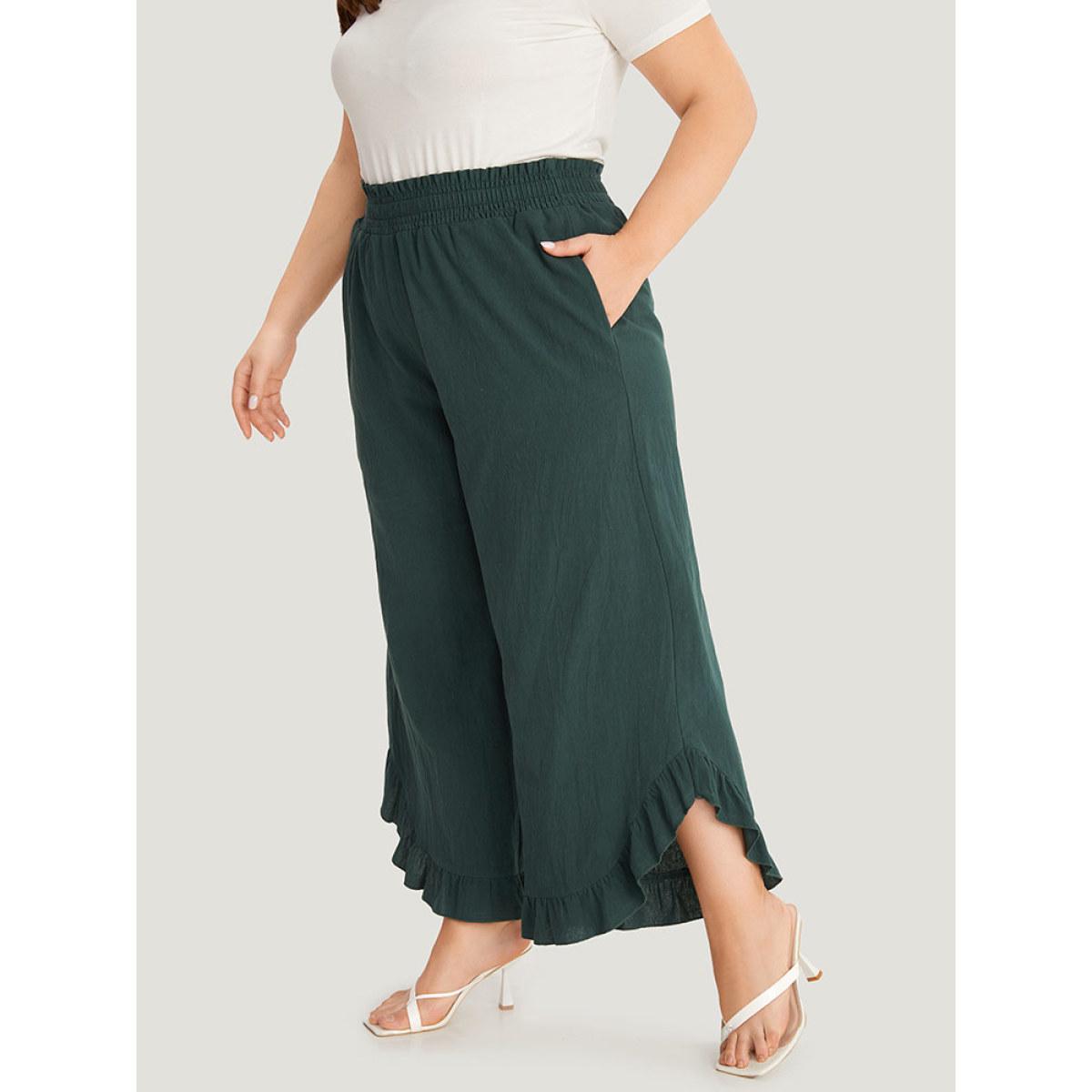 Plus Size Solid Ruffle Trim Pocket Paperbag Waist Pants Women DarkGreen Elegant Wide Leg Mid Rise Dailywear Pants BloomChic 10/M Product Image