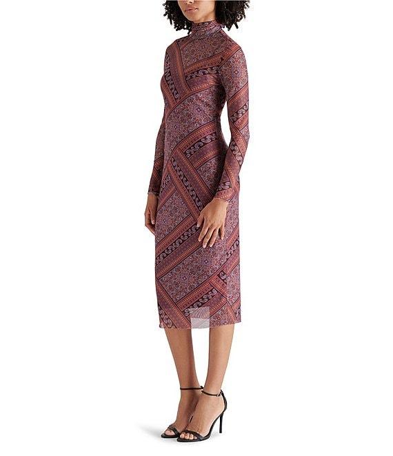 Steve Madden Vivienne Mesh Paisley Print Turtleneck Long Sleeve Bodycon Midi Dress Product Image