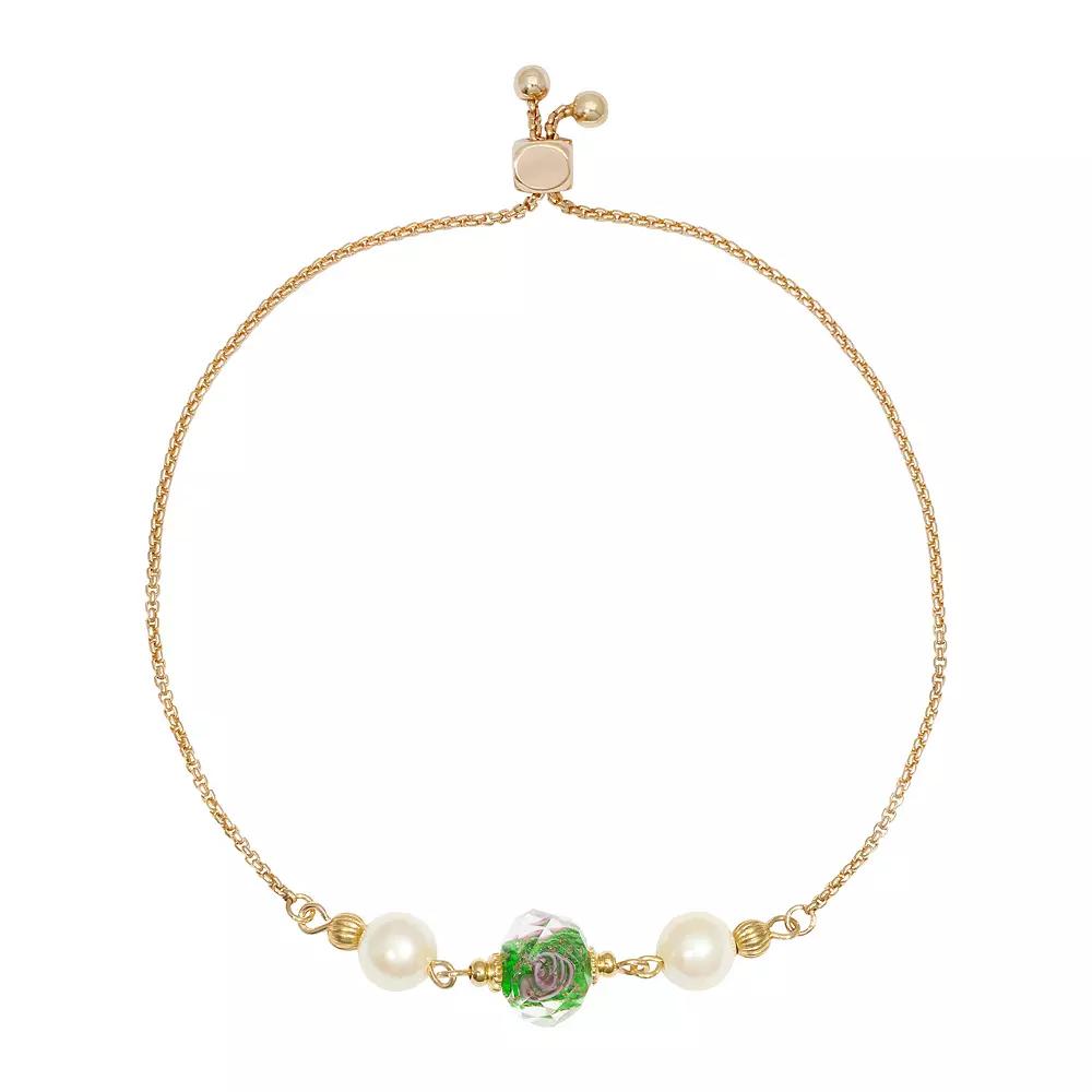 1928 Gold Tone Simulated Crystal Olivine Flower and Simulated Pearl Bracelet, Womens, Green Product Image