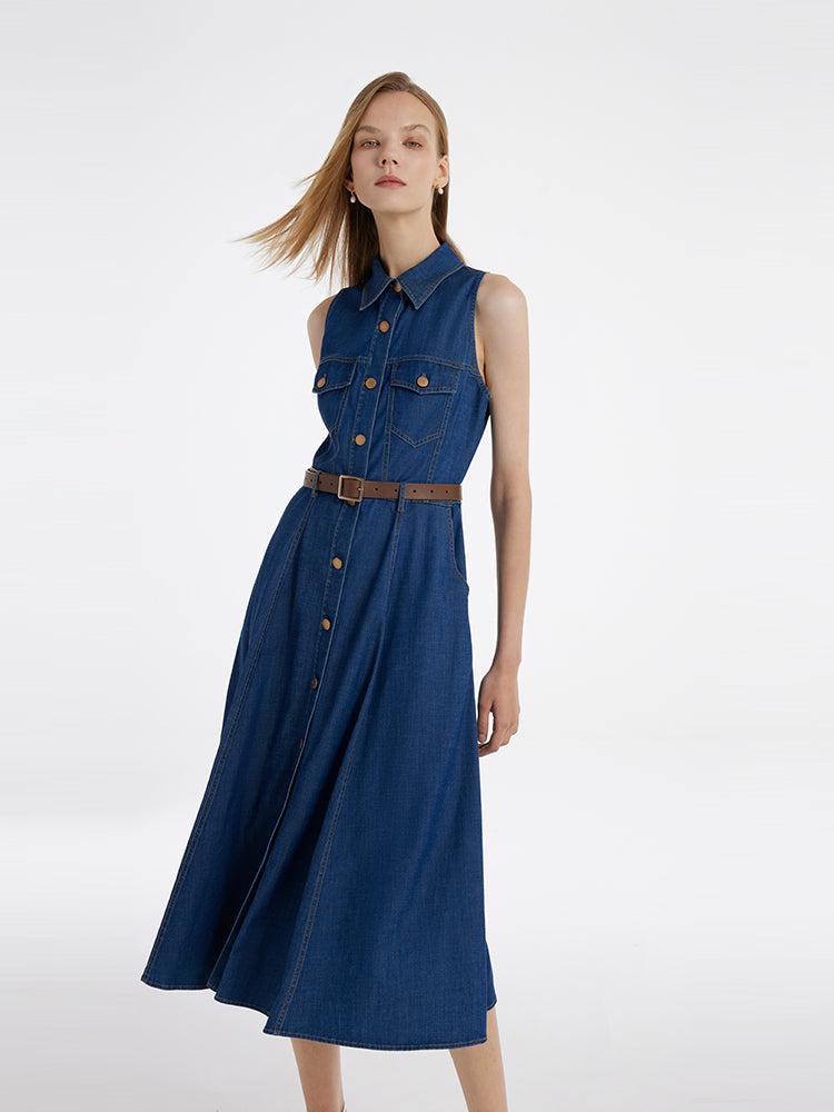 Denim Lapel Women Midi Vest Dress With Belt Product Image