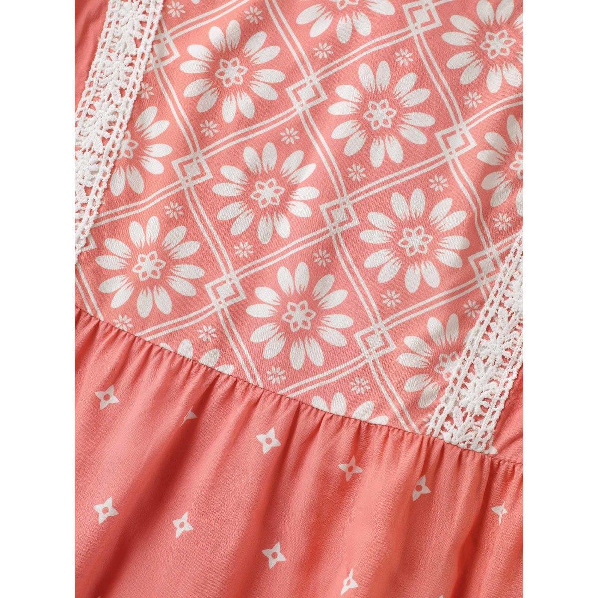 Plus Size OrangeRed Boho Print Lace Babydoll Top Women Half Sleeve Flat collar with V-notch Everyday-Elegant Blouses BloomChic 10/M Product Image