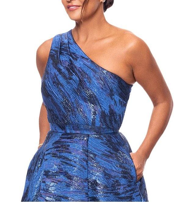 Xscape Brocade One Shoulder Sleeveless Side Pockets Front Slit Ball Gown Product Image