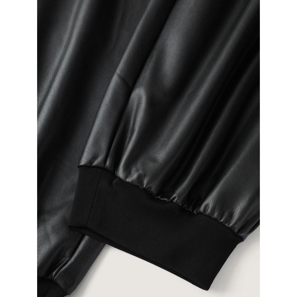 Plus Size Ribbed Trim Spliced Leather Drawstring Pants Women Black Party&Cocktail Bodycon Mid Rise Party Pants BloomChic 18-20/2X Product Image