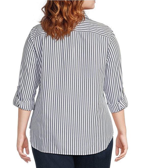 Lauren Ralph Lauren Plus Size Long Roll-Tab Sleeve Striped Button Front Cotton Shirt Product Image