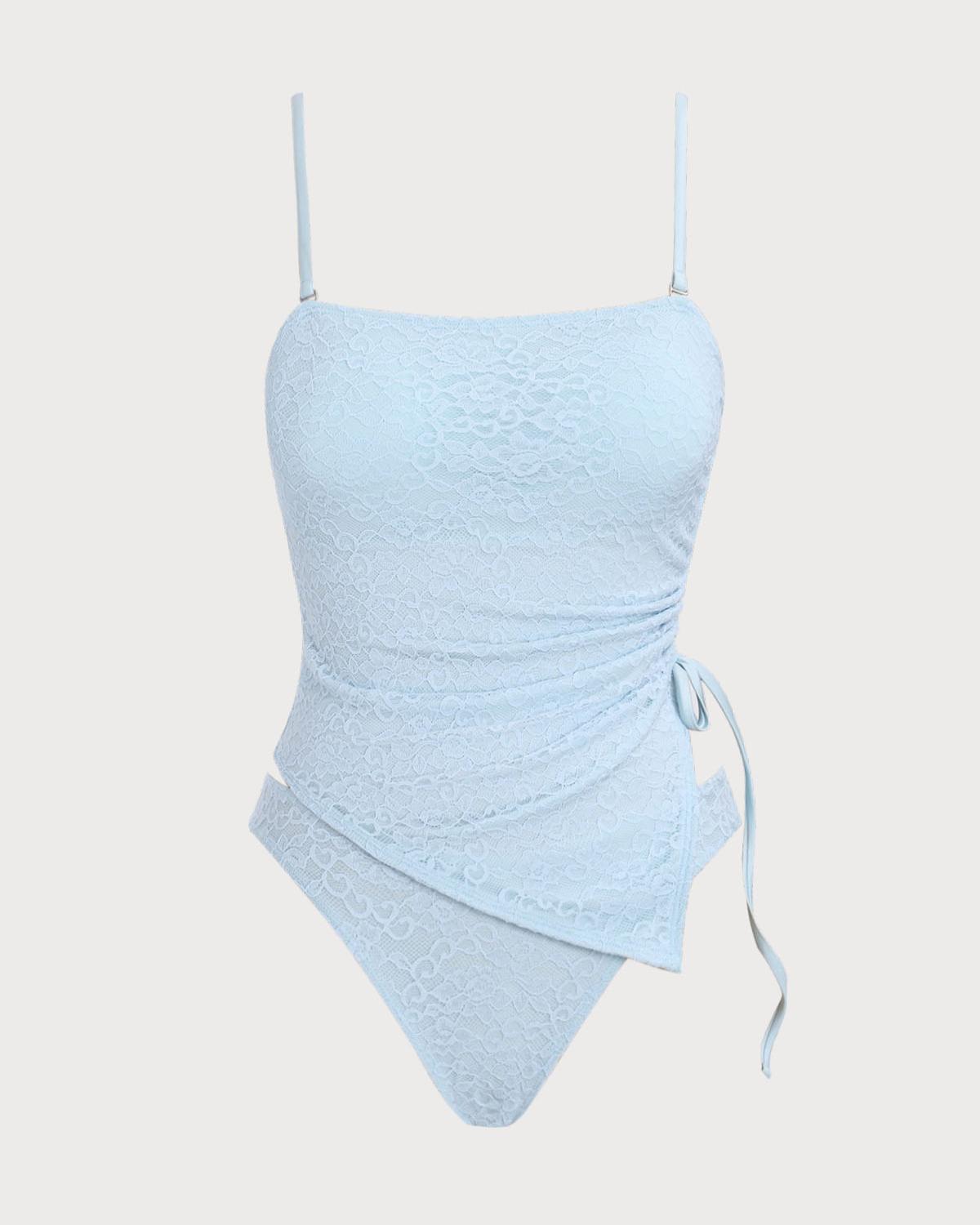 Blue Ruched Lace Tankini Swimsuit Product Image